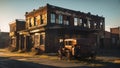 A haunting, derelict steampunk town at dusk, rusted buildings, a sense of eerie stillness, Photography