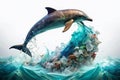 A haunting double exposure Dolphin silhouette confronts plastic ocean wave pollution A powerful visual statement urging Royalty Free Stock Photo