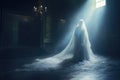 A haunting figure of a lady ghost, shrouded in white wedding veil, standing in a moonlight in a room of abandoned mansion.