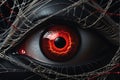 Haunting Gaze: Halloween-Themed Illustration of an Ominous Eye with Sable Sclera Peering Through Tangled Webs