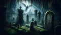 Haunted Graveyard Scene in Eerie Moonlight Royalty Free Stock Photo
