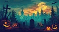 A haunting graveyard silhouette adorned with spooky pumpkins under the eerie glow of moonlight, Setting the scene for a chilling