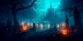 haunting Halloween background with a ghostly graveyard, flickering candlelight, and hovering spirits. Generative AI
