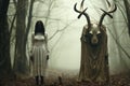 A Haunting Halloween in the Creepy Forest with an Evil Witch and a Mysterious Female Figure in a White Dress. Generative AI