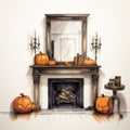 Haunting Halloween Fireplace Doodle Illustration With Pumpkins