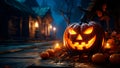 Haunting Halloween scene, unsettling Jack O Lanterns, eerie street Generative AI