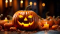 Haunting Halloween scene, unsettling Jack O Lanterns, eerie street Generative AI