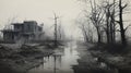 Foggy Swamps: A Post-apocalyptic Ink Painting Of Abandoned 96th St