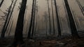 Somber View of Burnt Trees in a Smoky Forest After Devastating Wildfire Royalty Free Stock Photo