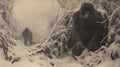 Haunting Imagery Of A Gorilla And Primate On Snow Covered Ground