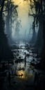 Haunting Imagery Of A Swamp Forest Surrounded By Marsh And Smoke