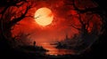 A haunting landscape bathed in a crimson hue under an ominous red moon evoking a sense of otherworldly dread. AI Generated