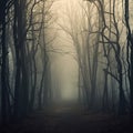 haunting landscape shot of many tree trunks forest spooky haunting creepy mist , generated by AI Royalty Free Stock Photo