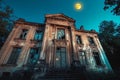 Haunting old mansion illuminated by a ghostly moonlight in a decaying forest at twilight Royalty Free Stock Photo