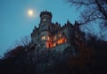 Haunting old mansion illuminated by a ghostly moonlight in a decaying forest at twilight Royalty Free Stock Photo