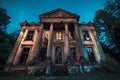 Haunting old mansion illuminated by a ghostly moonlight in a decaying forest at twilight Royalty Free Stock Photo
