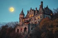 Haunting old mansion illuminated by a ghostly moonlight in a decaying forest at twilight Royalty Free Stock Photo