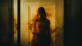 Haunting Portraits: A Woman In A Yellow Dress In A Dark Amber Room