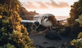 A haunting scene unfolds as an abandoned airplane meets the black sand beach