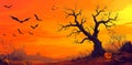 A haunting silhouette of a bare tree against an orange sunset with bats flying overhead and a carved pumpkin resting on the