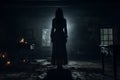 Silhouette of a possessed woman stands in a dark room