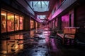 Haunting Stillness Engulfs Abandoned Night-Lit Shopping Mall Royalty Free Stock Photo