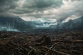 Eerie scene of deforestation with mist and smoke lingering over felled trees