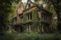 hauntingly beautiful abandoned house, with windows and doors boarded up and overgrown with vegetation Royalty Free Stock Photo