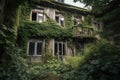 hauntingly beautiful abandoned house, with windows and doors boarded up and overgrown with vegetation Royalty Free Stock Photo