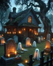 Haunted cemetery at dusk with ghosts, glowing candles, and old gravestones halloween graveyard Royalty Free Stock Photo