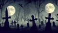 Halloween night moon composition with glowing pumpkins vintage castle and bats flying over cemetery flat Royalty Free Stock Photo