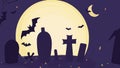 Halloween night moon composition with glowing pumpkins vintage castle and bats flying over cemetery flat Royalty Free Stock Photo