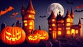 Halloween night moon composition with glowing pumpkins vintage castle and bats flying over cemetery flat Royalty Free Stock Photo