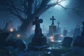 A hauntingly beautiful graveyard with leaning crosses and burial stones lit by the moon and mysterious candle lights. Generative