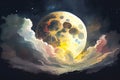 A hauntingly beautiful illustration of a big ghostly moon in the night sky, with eerie shadows and a mystical aura Royalty Free Stock Photo