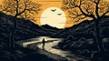 Hauntingly Beautiful Illustration Of A Guy Walking By A River At Sunset Royalty Free Stock Photo