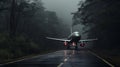 Hauntingly Beautiful Narrative A Large Airplane Walking On A Foggy Road