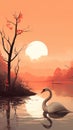 Hauntingly Beautiful Swan Perched On Branch In Serene Landscape