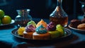 Hauntingly Delicious Dark Nautical Ghost-Core Sweets and Cakes Adorned on Plates in a Cinematic 8K