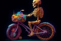 Ai Generative Skeleton riding bicycle with ball of yarn on dark background. Halloween concept