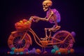 Ai Generative Skeleton riding bicycle with ball of yarn on dark background. Halloween concept