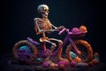 Ai Generative Skeleton riding bicycle with ball of yarn on dark background. Halloween concept