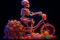 Ai Generative Skeleton riding bicycle with ball of yarn on dark background. Halloween concept