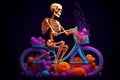 Ai Generative Skeleton riding bicycle with ball of yarn on dark background. Halloween concept