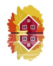 House with a boat on the lake in the autumn forest. The poster on the theme of fishing, tourism and recreation.