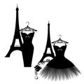 Haute couture little black dress and eiffel tower vector silhouette set