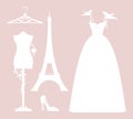 Haute couture wedding accessories, dress and eiffel tower vector silhouette design set