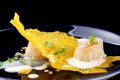 Haute cuisine, Gourmet food scallops on a corn Royalty Free Stock Photo