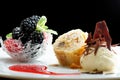 Haute cuisine, strudel with ice cream and berries dessert on restaurant table