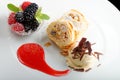 Haute cuisine, strudel with ice cream and berries dessert on restaurant table Royalty Free Stock Photo